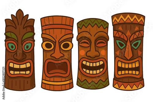 Four Polynesian Tiki Masks in a Row