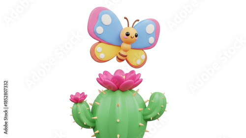 Colorful butterfly illustration on cactus with vibrant flowers in a 3D rendered scene