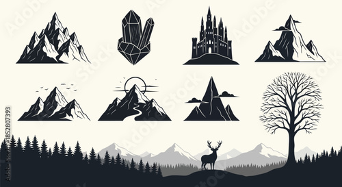 Vector mountain and nature icons with castle, crystals, and deer
