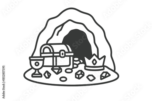 Treasure chest with jewels and crown in a cave