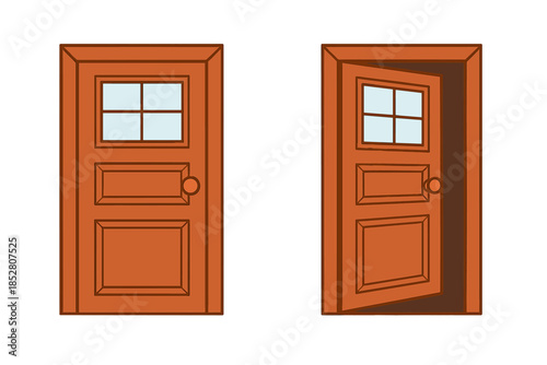 Two wooden doors, one closed, one open.