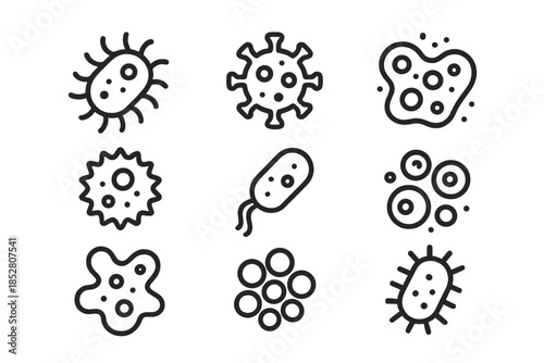 Set of 9 Simple Line Icons Representing Microorganisms