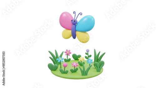 A colorful butterfly flies above a lush green garden with vibrant flowers from a bird's eye view.