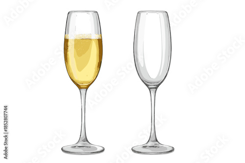 Two champagne glasses, one full and one empty