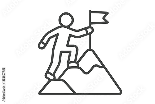 Person climbing mountain and planting flag