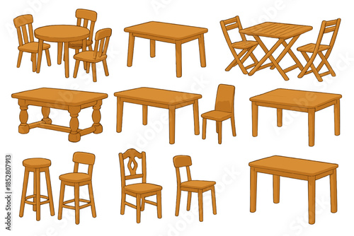 Collection of wooden tables and chairs