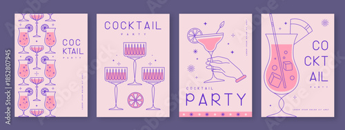 Set of line art holiday cocktail party posters with cocktail and champagne glasses. Restaurant menu design. Vector illustration