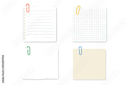 Four notes attached by paper clips on a grey background