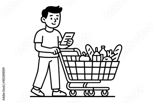 Man with Shopping Cart and List