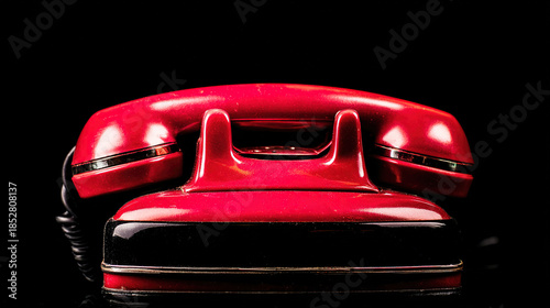 landline. Vintage red telephone receiver on a black base, showcasing retro communication design. mobility guides, transit brochures, designed for mobility and urban transit guides.
