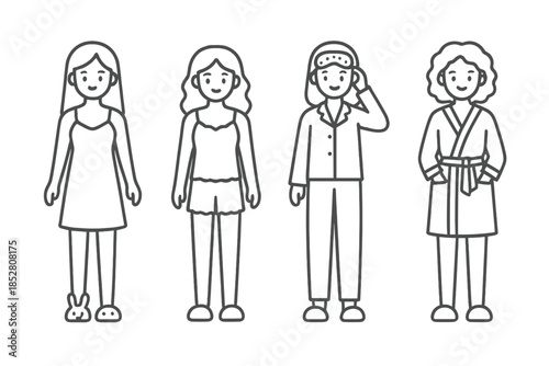 Four women in pajamas and robes against a dark background