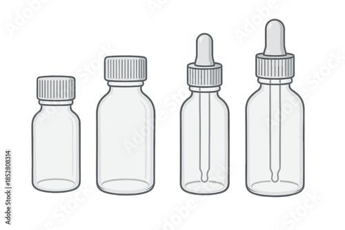 Four transparent bottles with caps and droppers on a gradient background