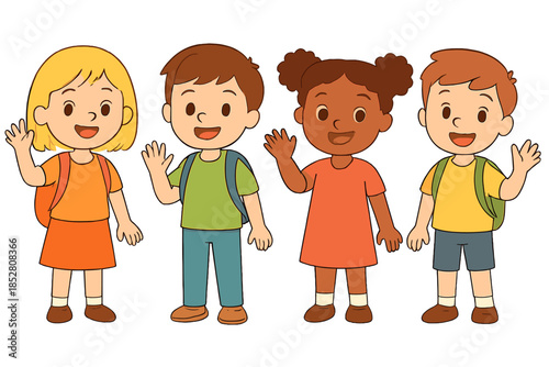 Diverse group of happy cartoon children waving