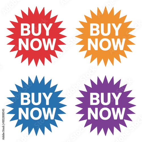 Four colorful buy now starburst buttons, designed for online shopping, sales promotions, e-commerce websites, marketing campaigns, call-to-action graphics, and vector illustration