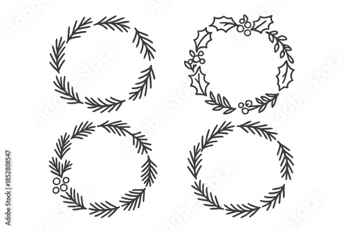 Four Wreath Designs: Pine Branches and Holly Berries