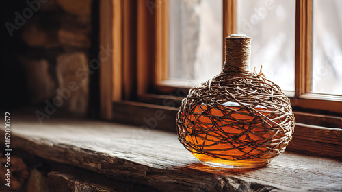 demijohn. Wicker-wrapped glass bottle with amber liquid on a rustic wooden table. bar promotions, beverage menus, designed for food & beverage menus and cafe branding.
