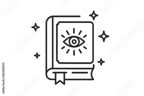 Mystical book with eye icon and sparkles