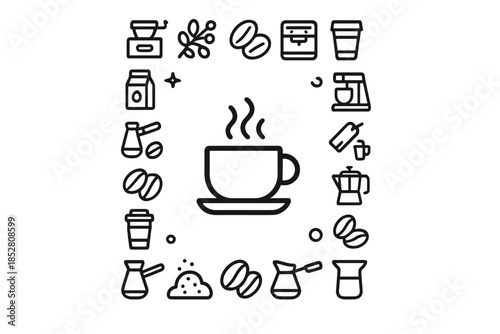Coffee icons arranged in a square frame with a central steaming cup