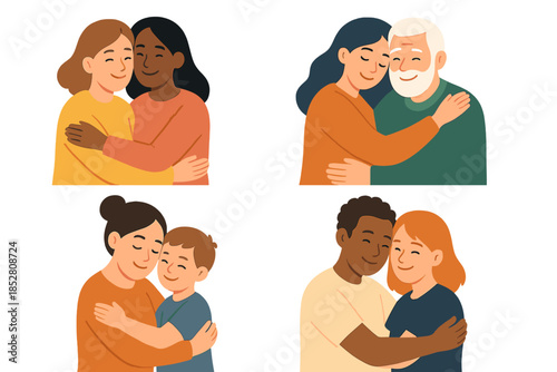 Diverse couples and families sharing tender embraces