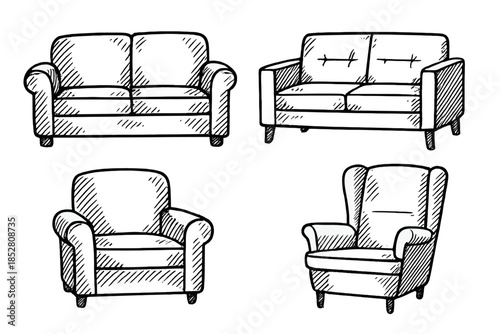 Collection of four dark sofas and armchairs in a sketchy, hand-drawn style.