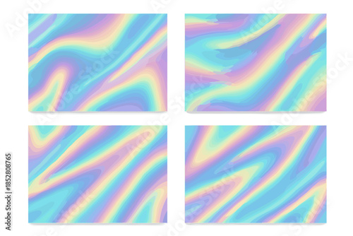 Four holographic rectangular cards with iridescent wavy patterns