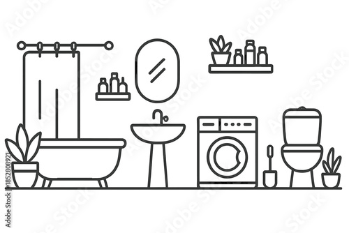 Bathroom Line Art with Bathtub, Sink, Toilet, and Washing Machine