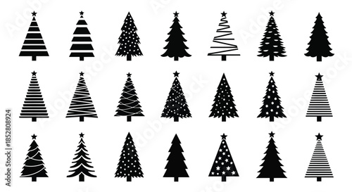 Collection of 18 black Christmas tree silhouettes with various patterns on white background vector