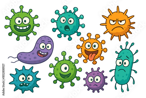 Cute Cartoon Viruses and Bacteria with Faces