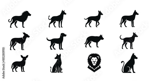 Black silhouettes of various dog breeds and a lion on a white background vector