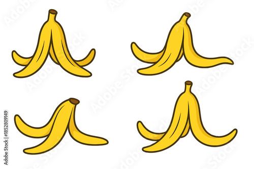 Four cartoon banana peels on a dark yellow background
