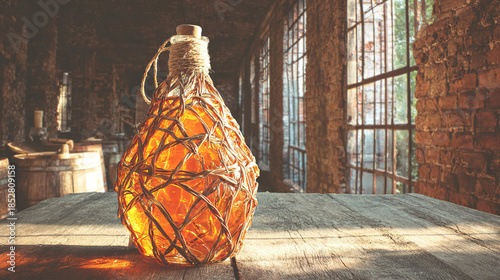 demijohn. Wicker-wrapped glass bottle with amber liquid on a rustic wooden table. bar promotions, beverage menus, designed for food & beverage menus and cafe branding.
