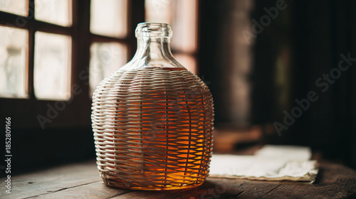 demijohn. Wicker-wrapped glass bottle with amber liquid on a rustic wooden table. bar promotions, beverage menus, designed for food & beverage menus and cafe branding.
