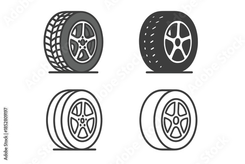 Four car tire and wheel icons on a gray background