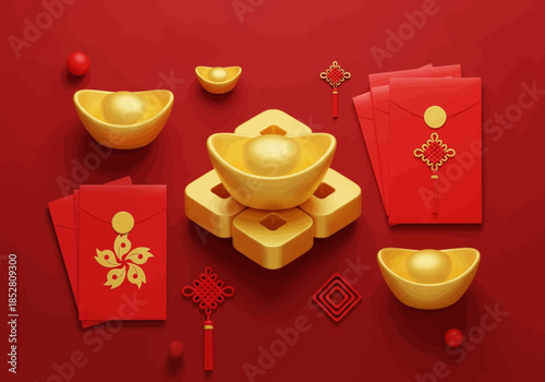 Flat lay of gold ingots and red envelopes with golden designs on a red background