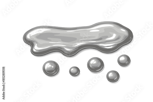 Liquid metal blobs and spheres on a grey background