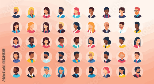 Diverse group of people with different ethnicities and hairstyles on a peach background vector