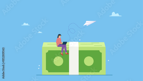 Young woman working with computer laptop sitting on heap of dollar banknotes. Online business making money, salary or multi income stream, side hustle or side gig earning, investment return.