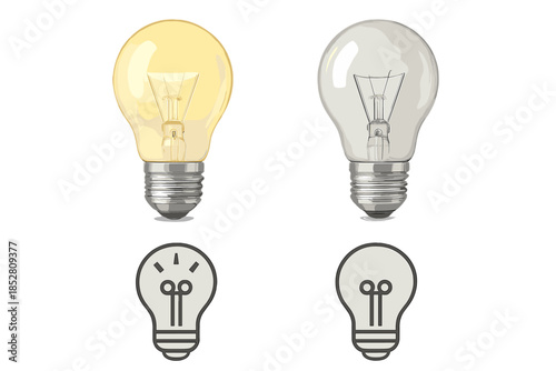 Two light bulbs, one lit, the other off, with icon representations below