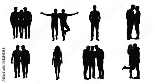 Silhouettes of people in various poses isolated on white background vector