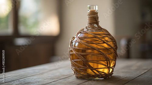 demijohn. Wicker-wrapped glass bottle with amber liquid on a rustic wooden table. bar promotions, beverage menus, designed for food & beverage menus and cafe branding.

