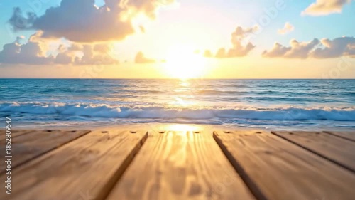 Ocean Sunrise Over Wooden Deck with Golden Sunlight and Gentle Waves Creating a Peaceful Tropical Atmosphere