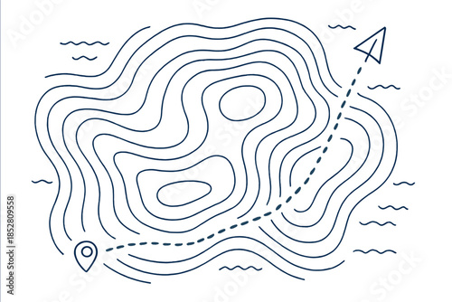 Paper airplane flying on a topographic map path
