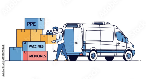 Medical Supply Delivery Van with PPE Masks and Medicines.