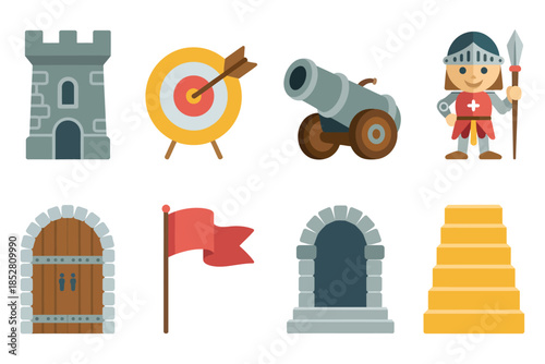 Child-friendly defense icon set with cute stone towers and simple archery elements