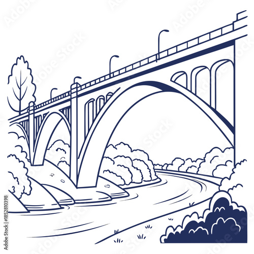 Illustrated arch bridge over calm river
