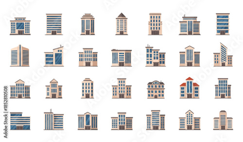 Minimal city building vector set with modern urban office architecture isolated on transparent background