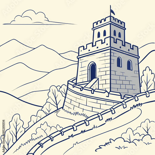 Illustrated castle tower on a mountain path