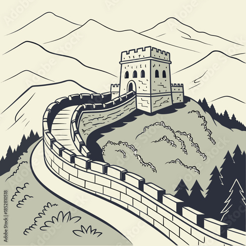 Illustrated great wall tower overlooking mountains