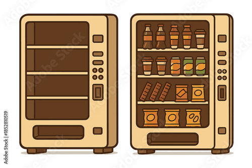 Two vending machines side-by-side, one empty and one stocked with snacks and drinks