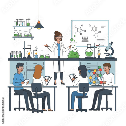 innovative science classroom with energetic teacher leading chemistry experiment and engaging